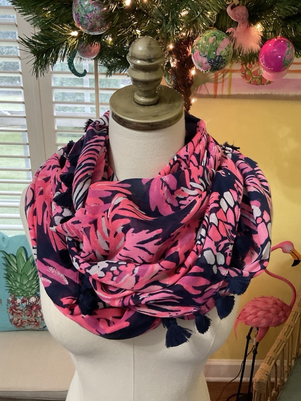 Lilly Pulitzer Pink & Navy Floral Tassel Wrap Scarf